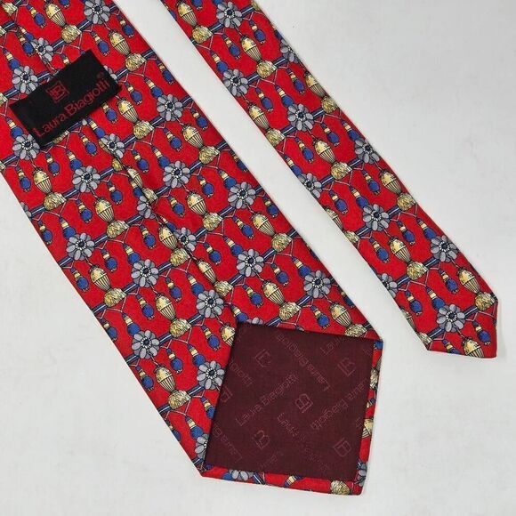 LAURA BIAGIOTTI ITALY SILK TIE RED BLUE GOLD TASSEL PATTERN SMOOTH 4" X 57" - Picture 2 of 3